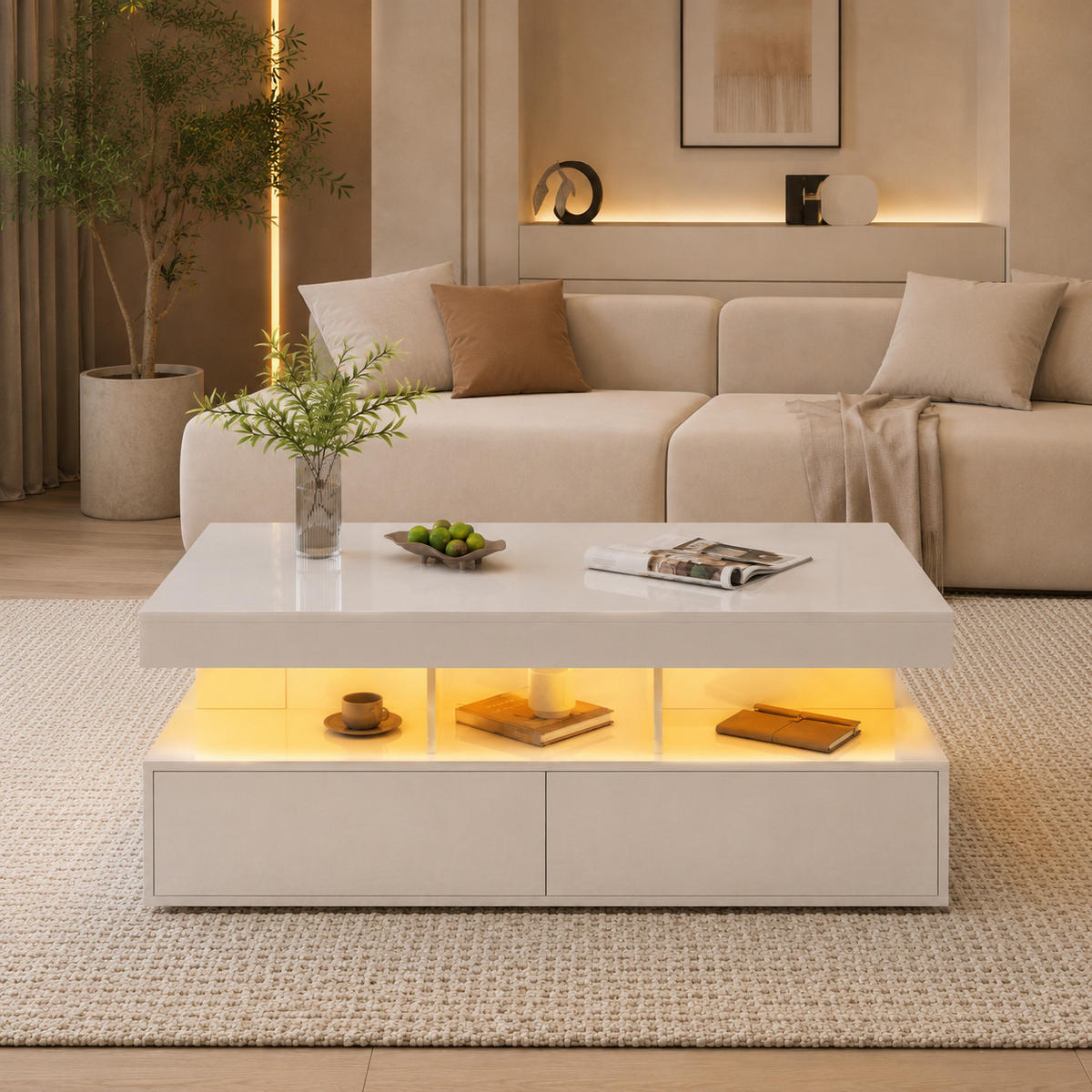 COUCHTISCH mit LED-Beleuchtung und Stauraum, elegantes Design - Weiß, Holz (104/53/46cm) - Joyfair