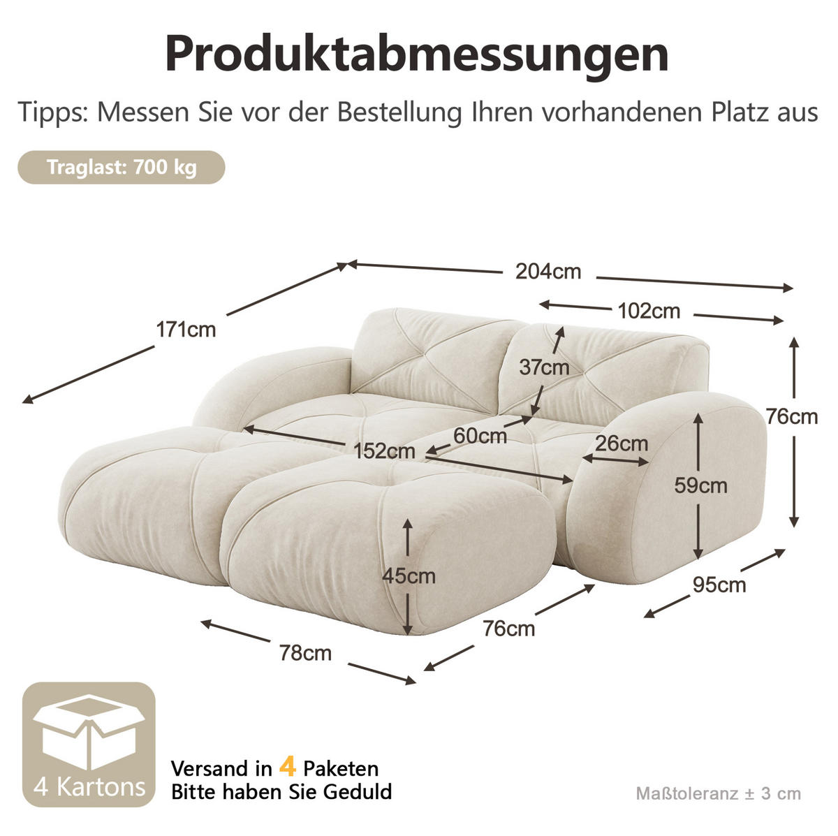SOFA 204/171/76 cm in Hellbeige aus Chenille, rahmenlos und komfortabel - Beige, Textil (171/76/204cm) - Flora Grace