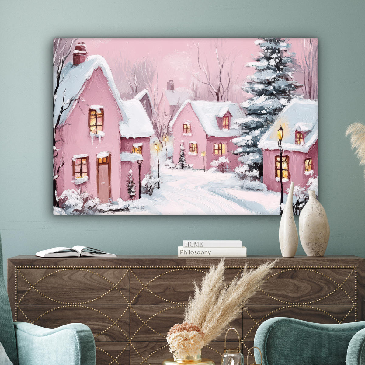 LEINWANDBILD Weihnachtsdorf - Rosa - Winter - Schnee - Häuser Wohnzimmer Groß 120x80 cm - Altrosa, Textil (120/80cm) - MuchoWow