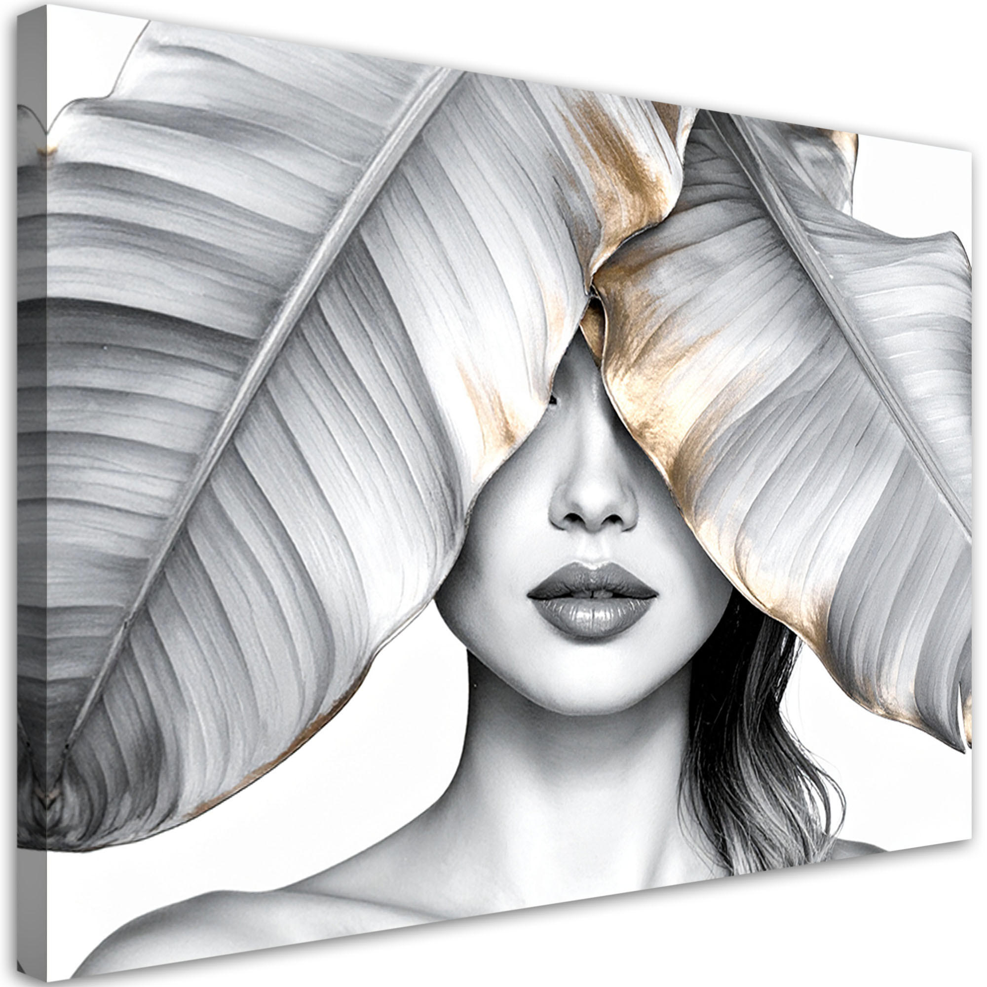 LEINWANDBILD Frau und silberne und goldene Bananenblätter 120x80cm - Grau, Textil (120/80cm) - Feeby