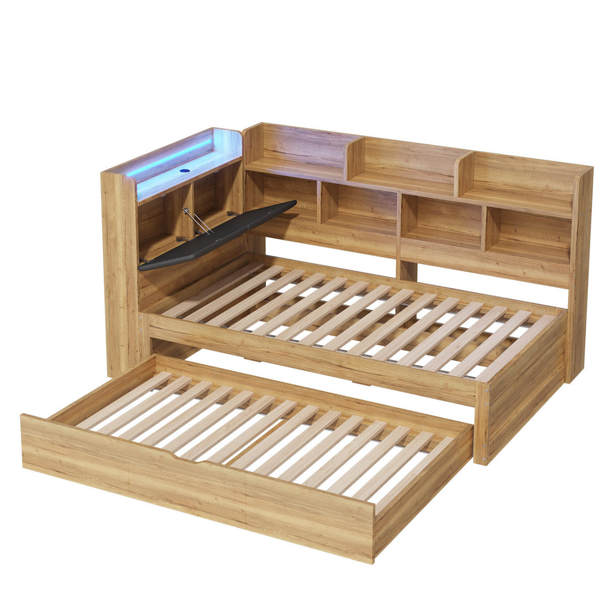 KINDERBETT 90/200/190 cm in Natur aus MDF mit Ausziehbett, LED und Stauraum - Naturfarben, Holzwerkstoff (90/200cm) - OKMYHOME