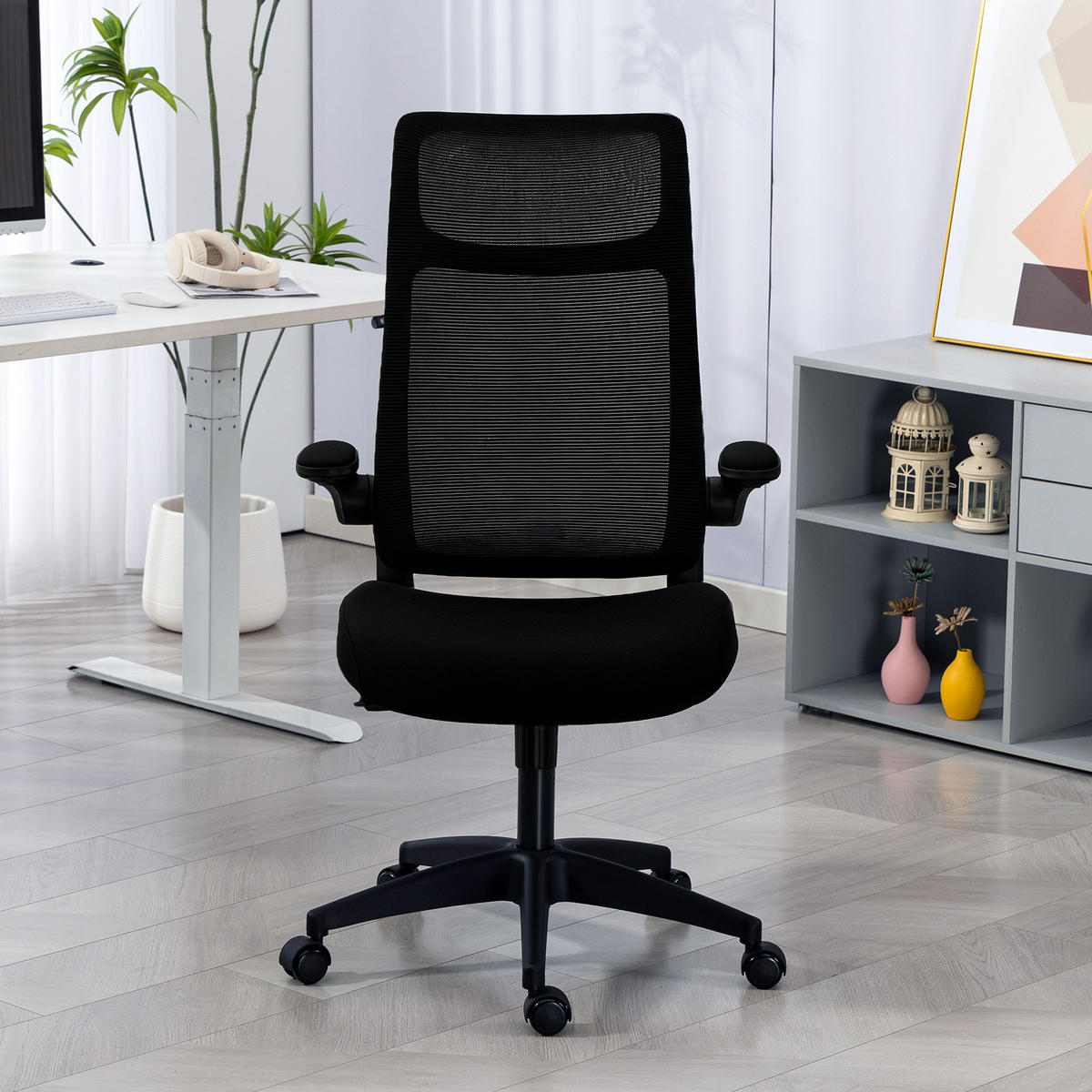ERGONOMISCHER Bürostuhl mit 3D-Armlehnen, Netzstoffrücken, S-förmige Rückenlehne, Kopfstütze, Kippfunktion, Schwarz - Schwarz, Textil (64/118/65cm)