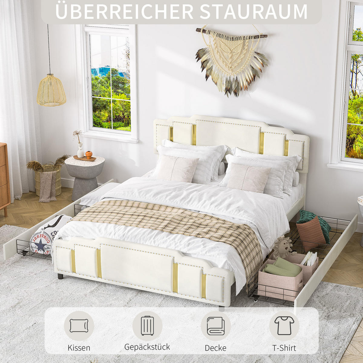 POLSTERBETT 160/200 cm mit 4 Schubladen, LED-Beleuchtung und Edelstahl-Zierleisten, Beige - Beige, Textil (160/200cm) - Redom