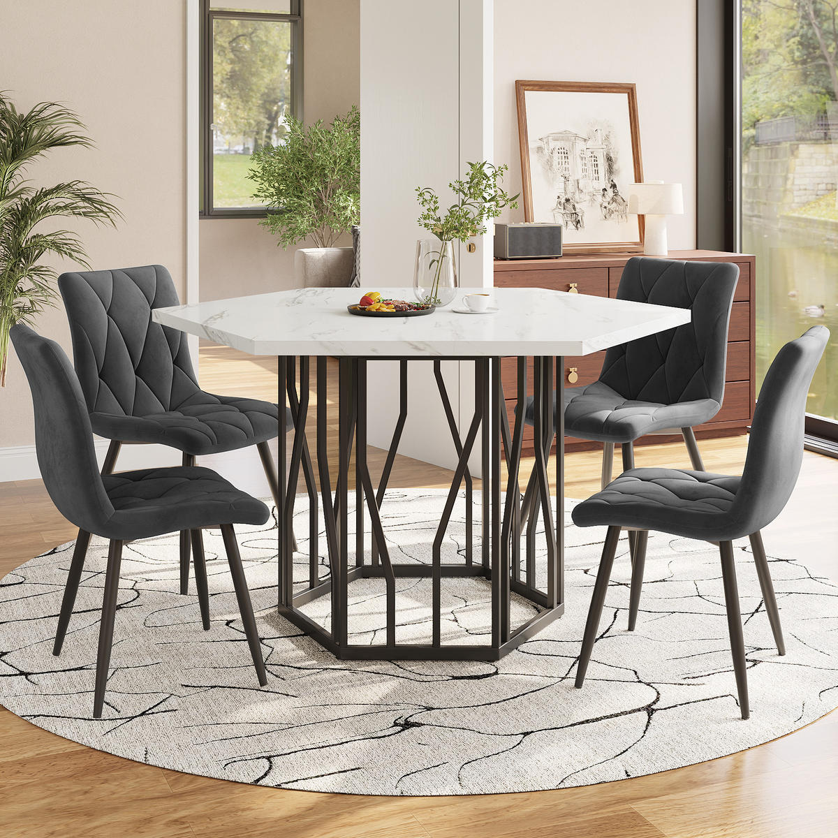 ESSTISCHSET 5-Teilig Sechseckig Marmor, 4 Graue Samtstühle - Grau, Metall (115.5/75/100cm) - FLIEKS