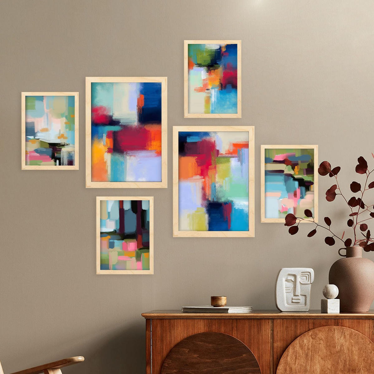 POSTER Set Mit 6 Victorian Shades 1 In Farbenfrohe Abstracts Ästhetische Dekorative Gemälde Für Ihr Wohnzimmer Zuhause A3 & A4 Rahmen Aus Hellem Holz - Beige, Papier (29/3cm) - Nacnic