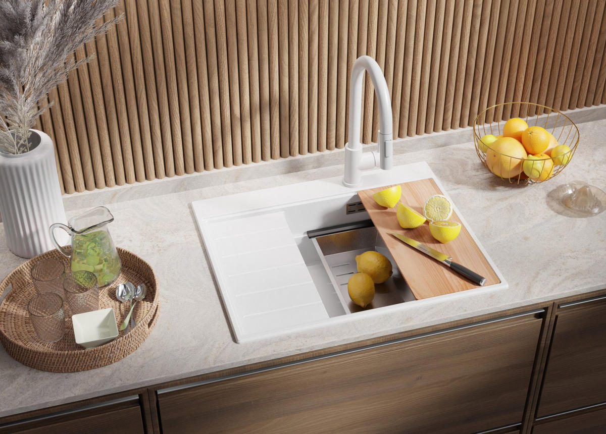 SPÜLBECKEN Sydney, 2-er set Weiß 62/50 cm 1 Becken + Ablauf-Set + Küchenzubehörset ab 45er Unterschrank - Chromfarben/Beige, Kunststoff (62/20/50cm) - Primagran