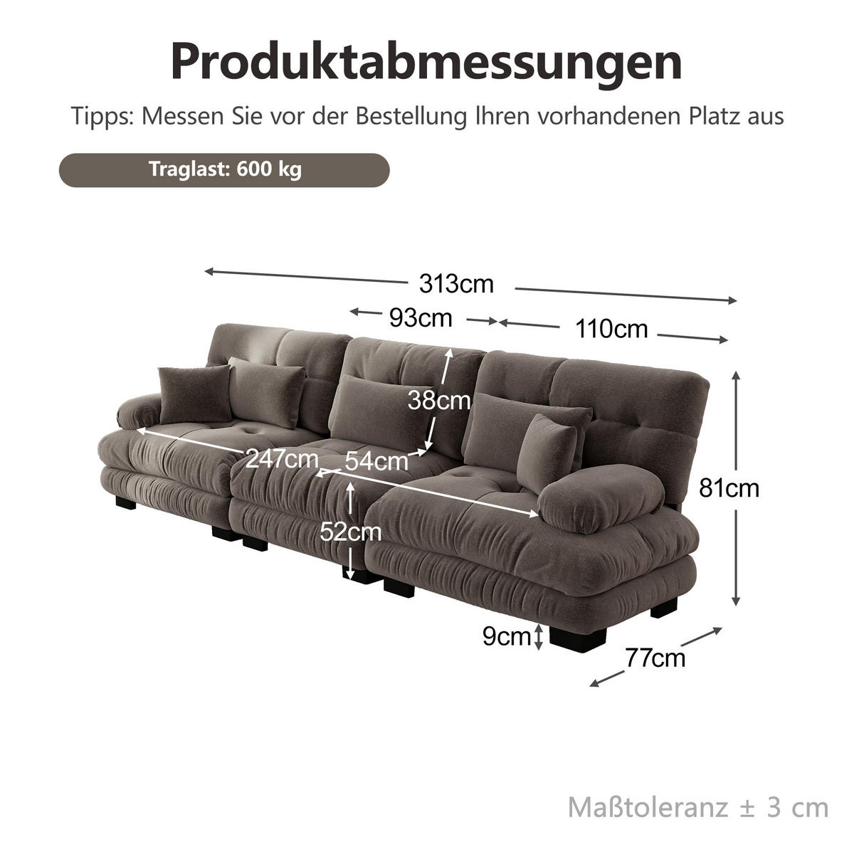 3-SITZER-SOFA DE-34065 modular mit Tiefensitz Grau - Braun, Holz (77/81/313cm) - ComfortXL