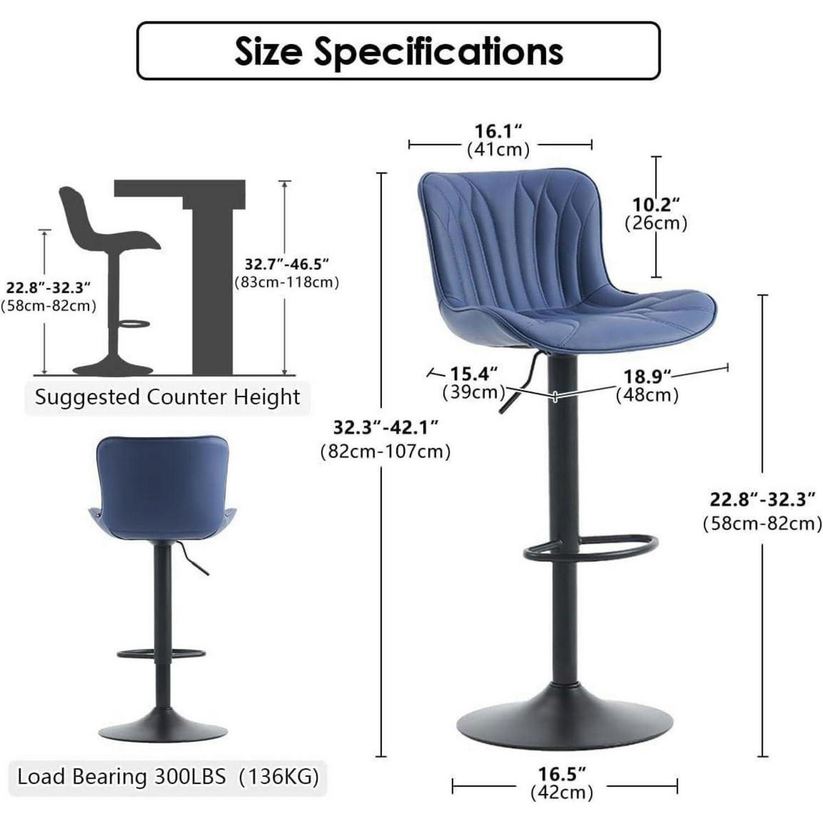 BARHOCKER 2er Set Kunstleder Marineblau Höhenverstellbar - Dunkelblau, Kunststoff (83/54/48cm)