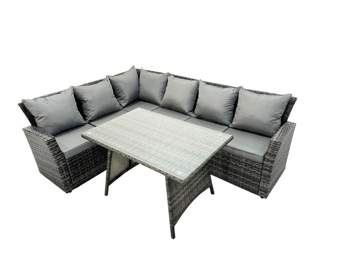 GARTENLOUNGE mit Ecksofa Polyrattan Dunkelgrau 6-Sitzer - Dunkelgrau/Grau, Glas/Kunststoff - Fimous