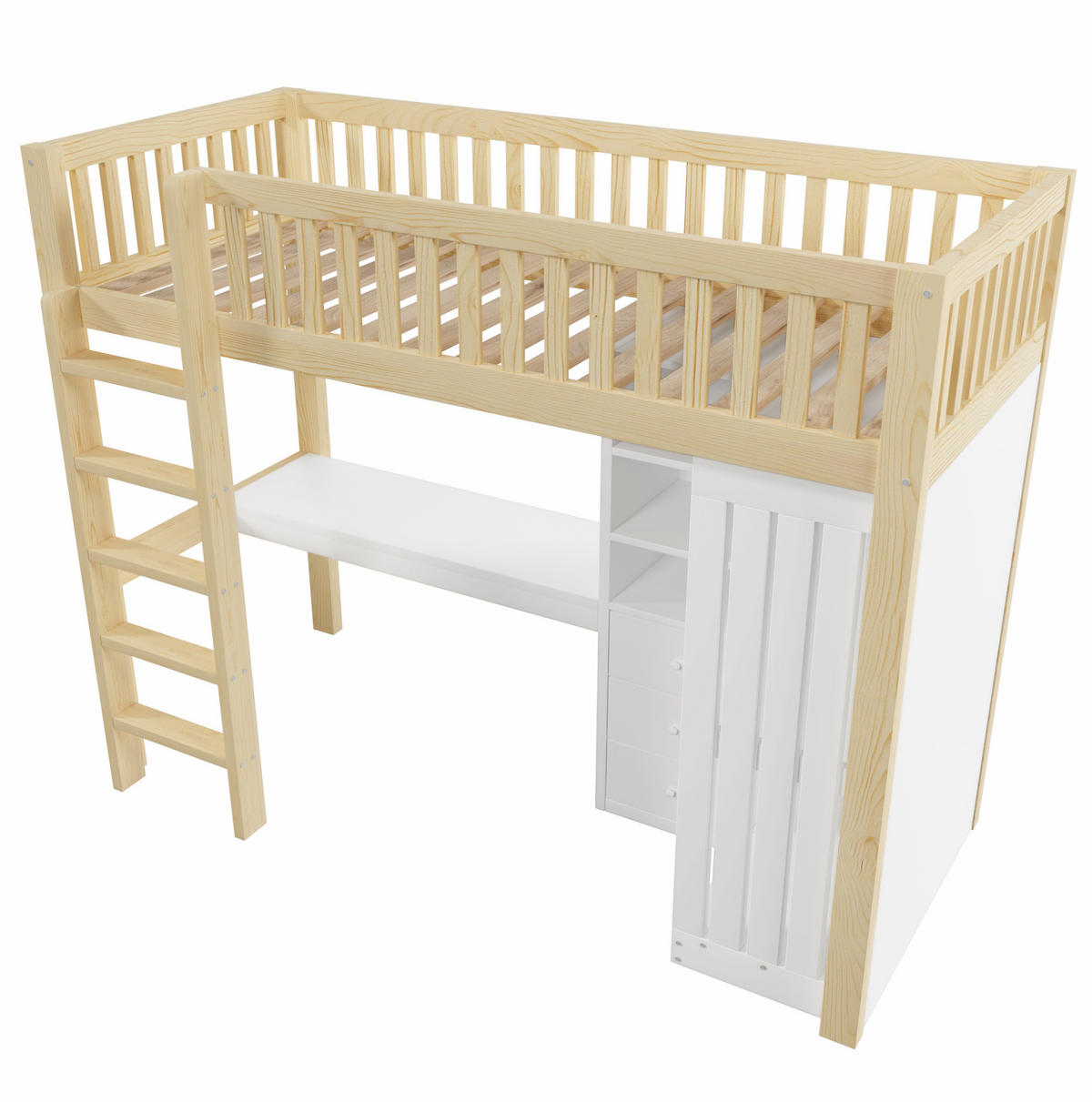 HOCHBETT mit Schreibtisch 90/200 cm in Natur – mit Stauraum, Treppe und Rausfallschutz - Naturfarben, Holz (90/200cm) - BEAOK
