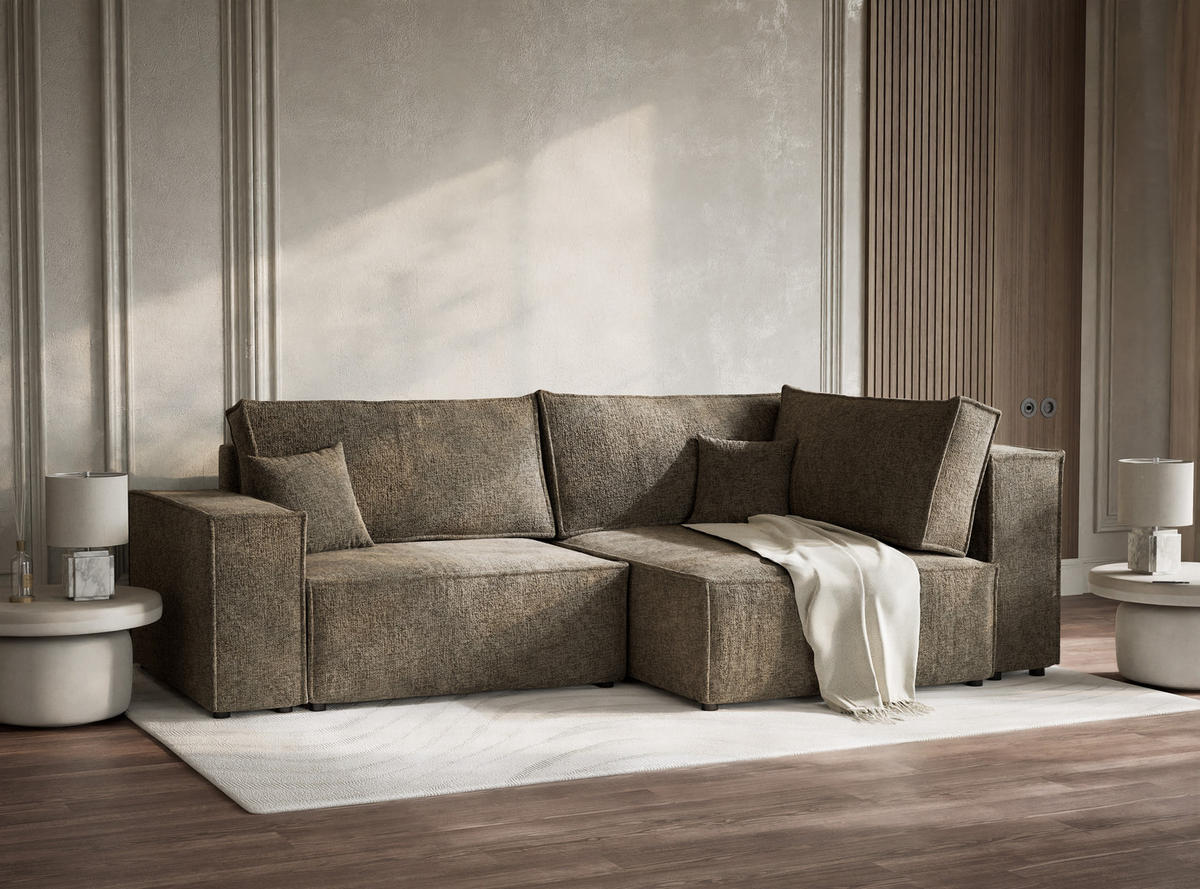 ECKSOFA MIT SCHLAFFUNKTION Tonga Taupe Chenille-Stoff - Schwarz/Braun, Holz/Holzwerkstoff (255/105cm) - Maison de Reve
