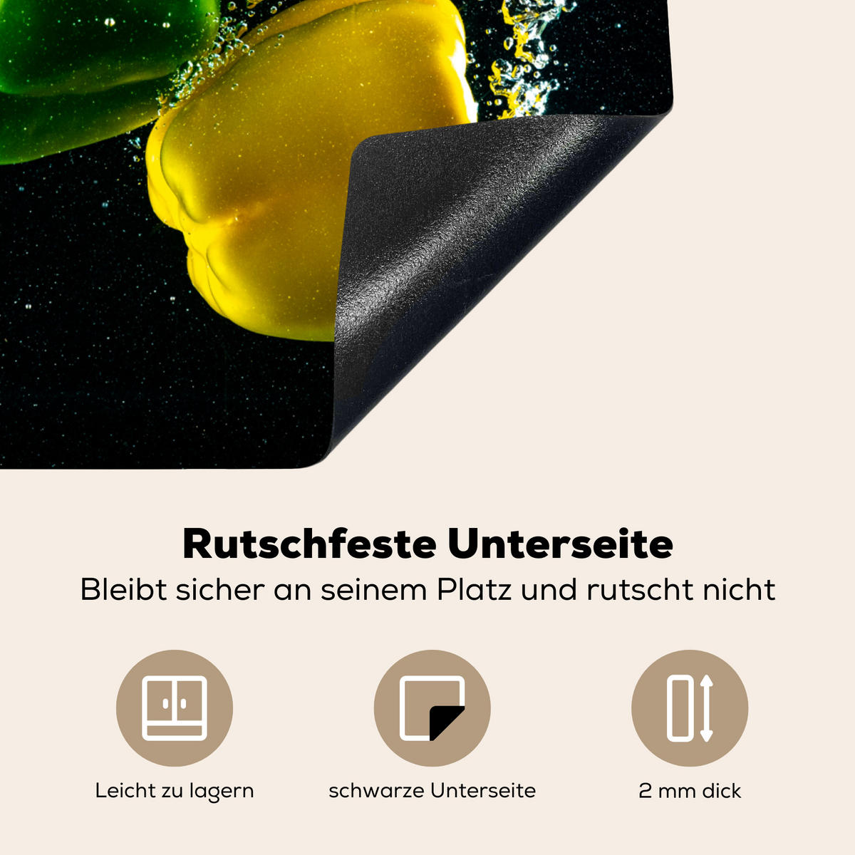 HERDABDECKPLATTE Paprika - Gemüse - Wasser - Schwarz - Rot - Grün - Gelb Herdabdeckung Induktionsfeld 60x52 cm - Multicolor, Kunststoff (60/52/0.2cm) - MuchoWow