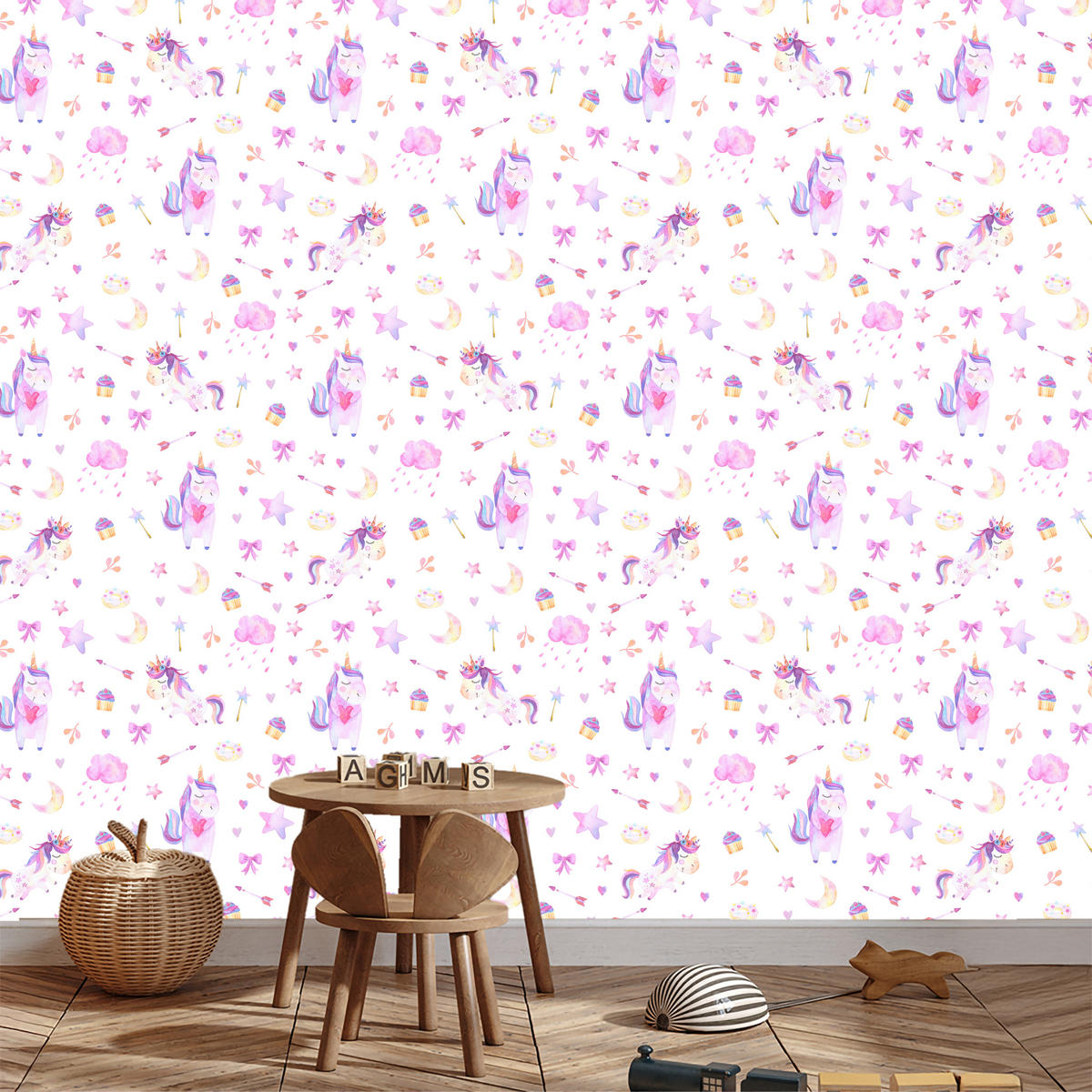 VLIESTAPETE Einhörner, Wolken und Sterne – Rosa, Lila, Weiß – 50x1000 cm - Lila/Rosa, Papier (50/1000cm) - Muralo