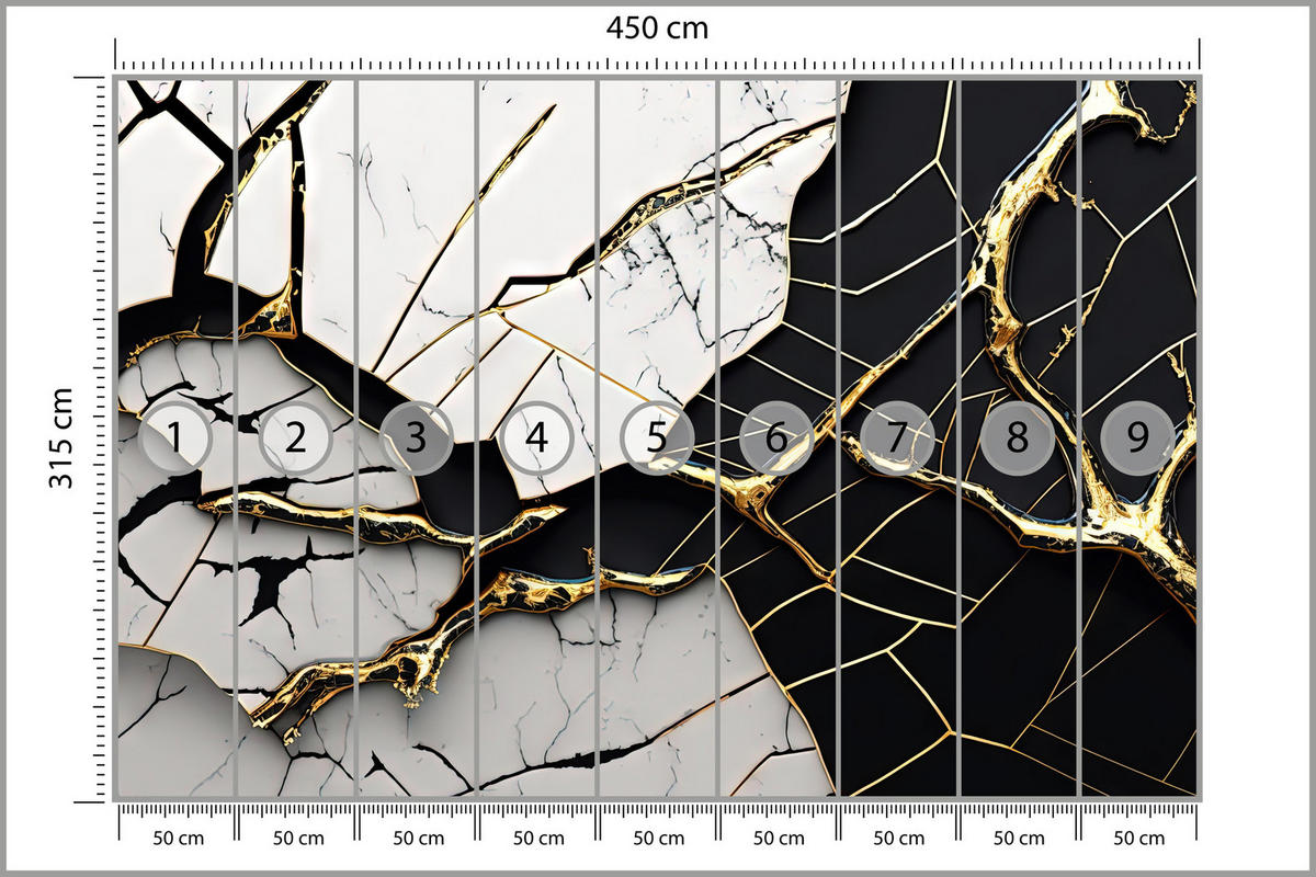 FOTOTAPETER für Badezimmer Abstrakter Marmor Goldene Verzierung 450x315 - Schwarz/Weiß, Papier (450/315cm) - Muralo