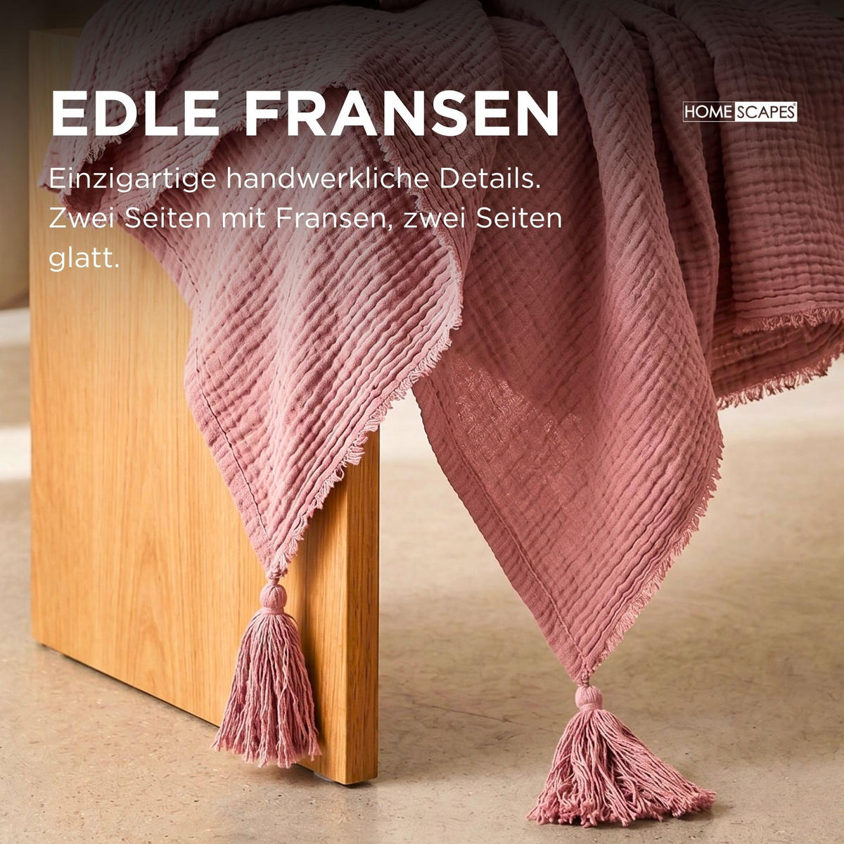 WOHNDECKE Musselin rosa mit Quasten - Rosa, Textil (127/180cm) - Homescapes