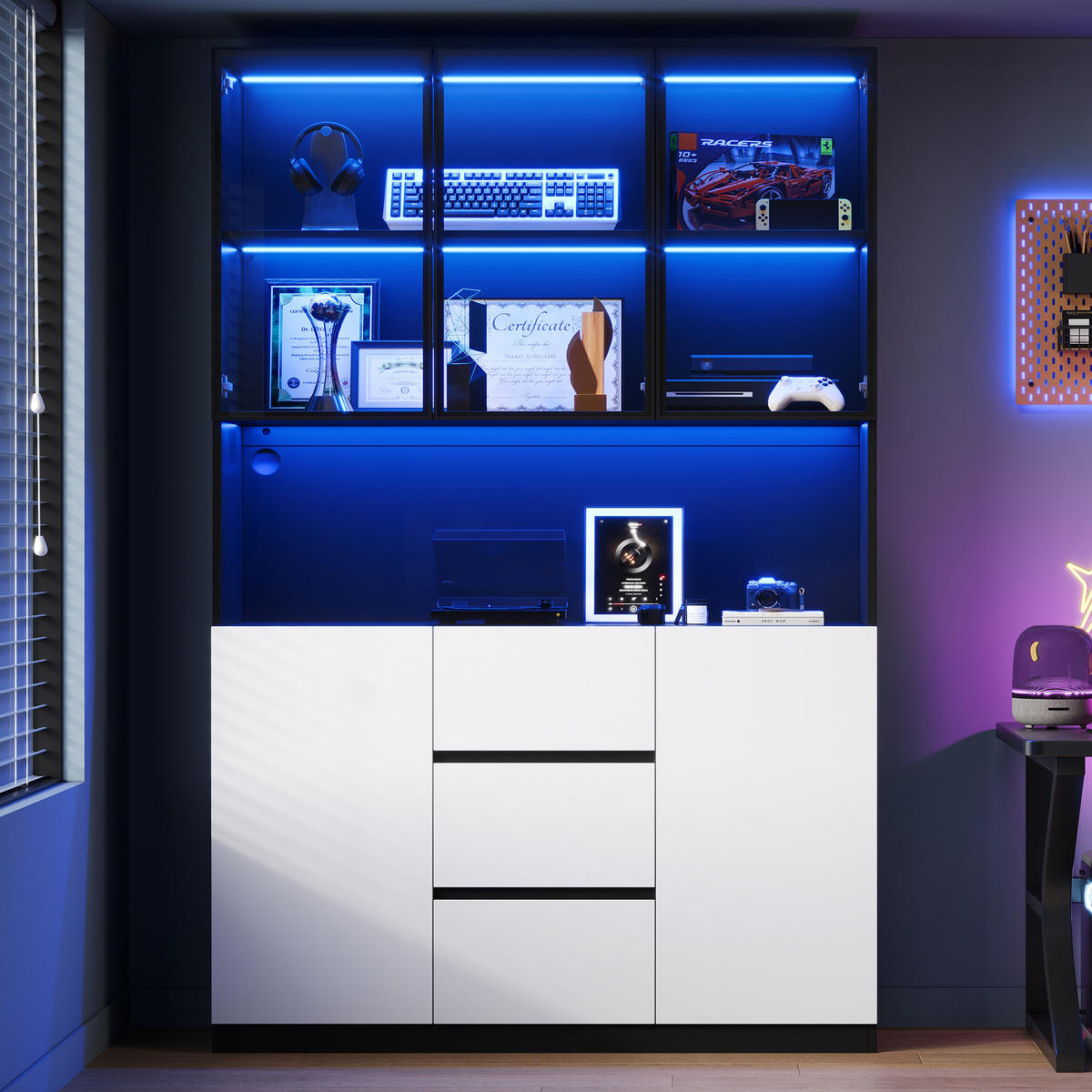 VITRINE 120cm Glas LED 3 Schubladen 2 Türen modern - Schwarz, Holzwerkstoff (120/200/40cm) - FLIEKS