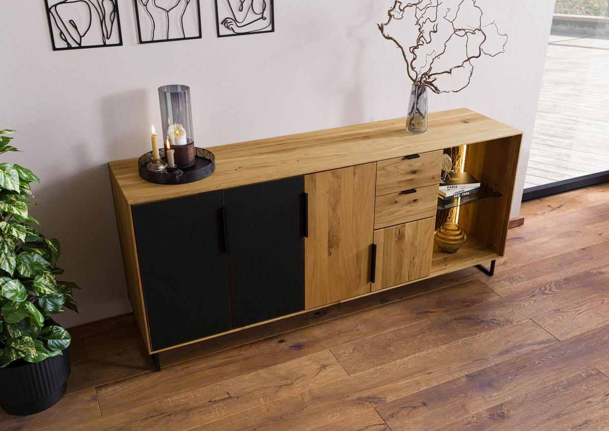 SIDEBOARD Wildeiche 180x43x79 natur geölt LINDAU #109 - Braun, Holz (180/79/43cm) - Massivmoebel24