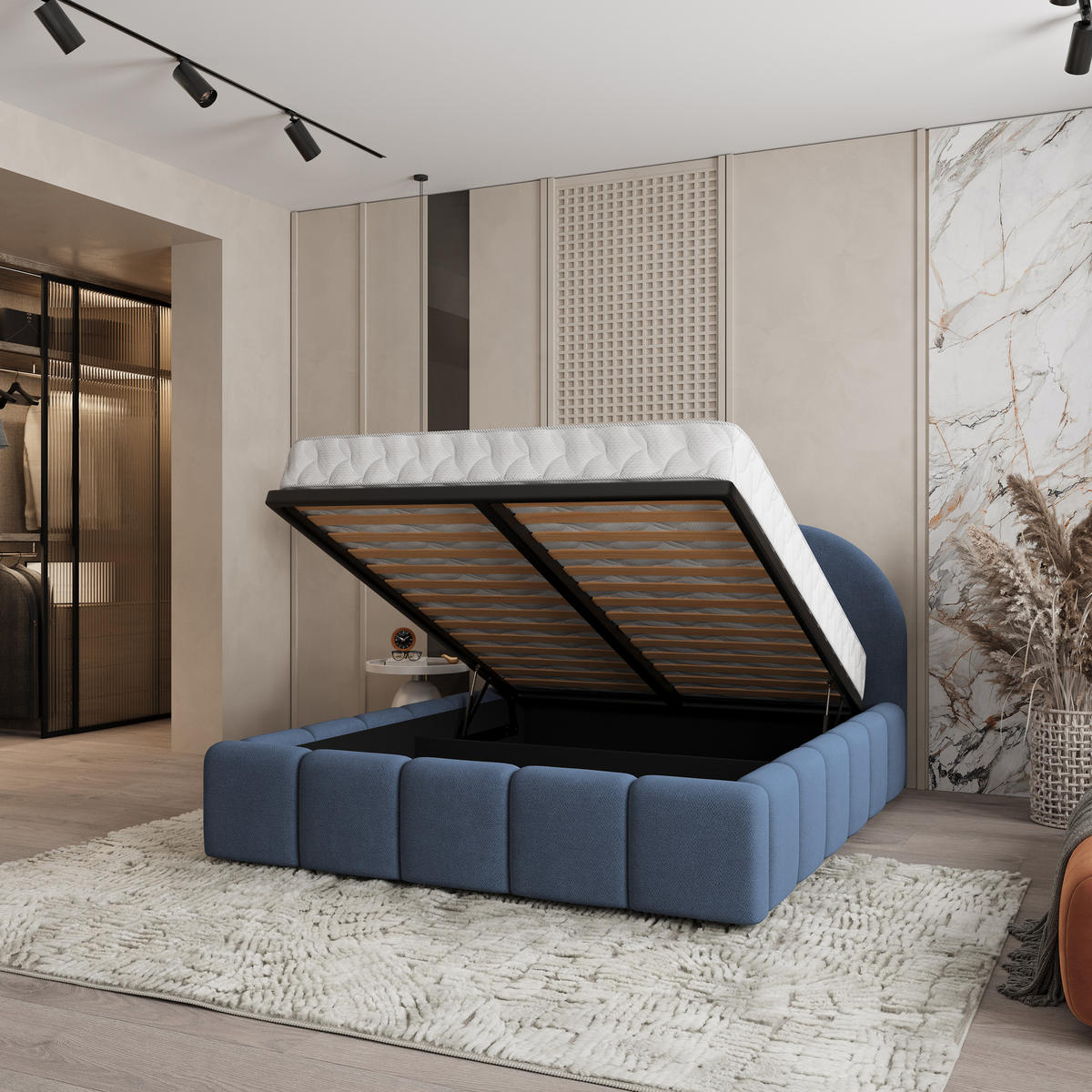 POLSTERBETT FLUSSO 120x200 cm mit Bettkästen - Blau - Blau, Holz (120/200cm) - MASSENO