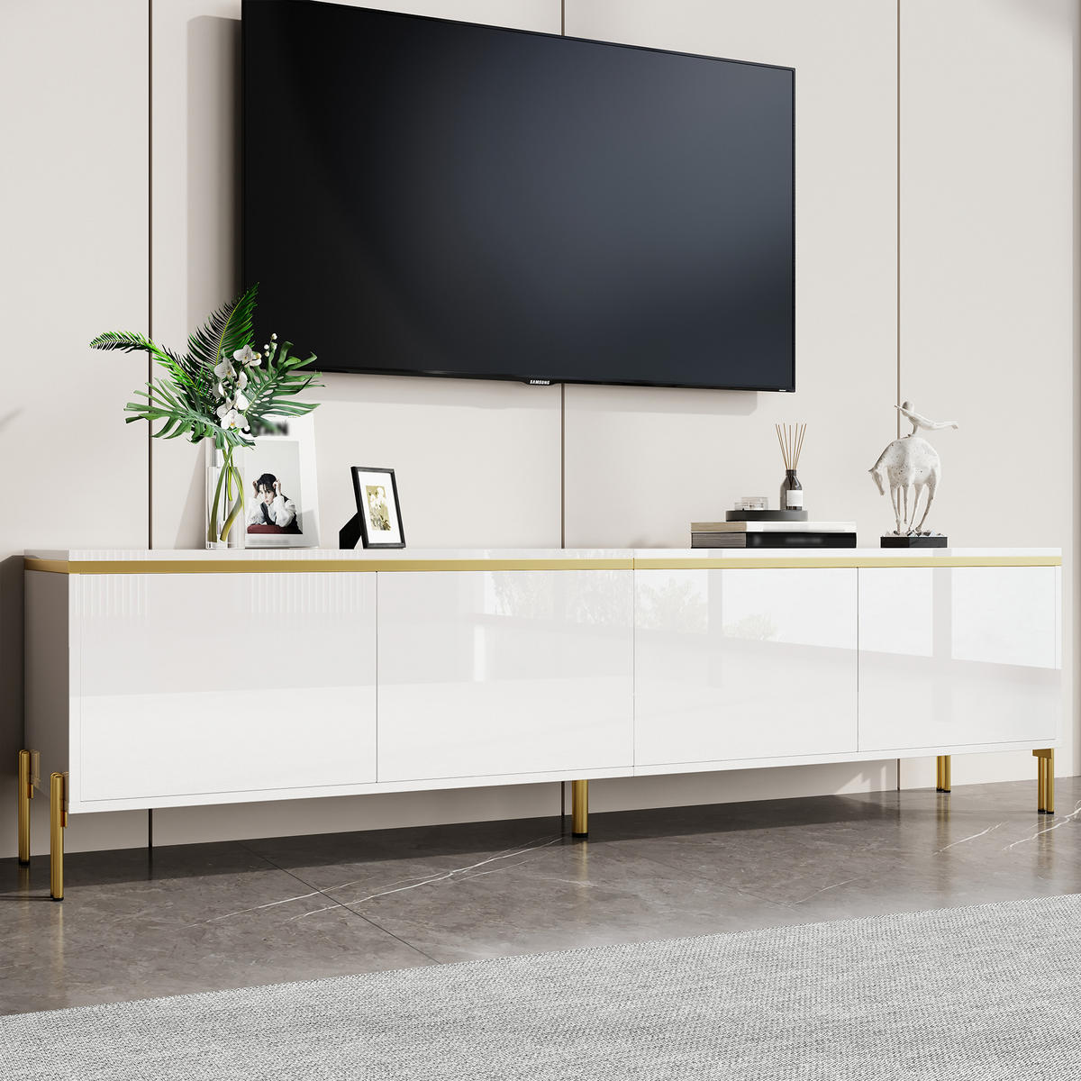 TV-STÄNDER Hochglanz 4 Türen Stauraum Kabelschnittstelle Goldkante - Weiß, Holzwerkstoff (38/50/170cm) - FLIEKS