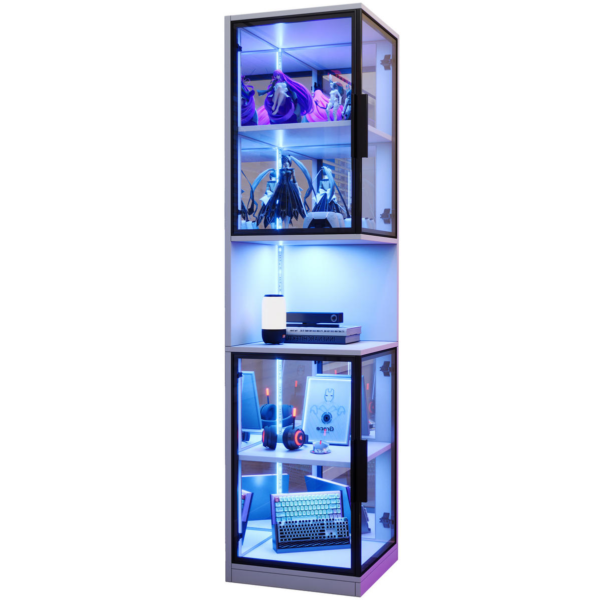 HIGHBOARD mit LED-Beleuchtung 42/44/205 cm – mit 2 Glastüren und Spiegelfront - Weiß, Holzwerkstoff (42/205/44cm) - BEAOK