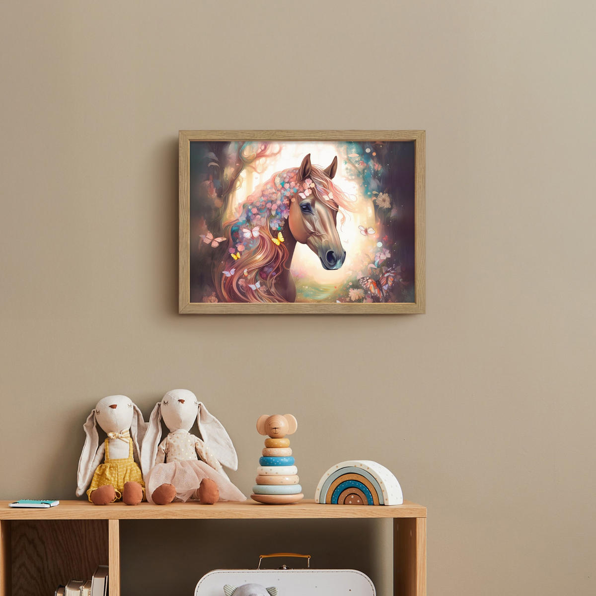 NÁSTĚNNÁ LAMPA S AKUMULÁTOREM Kůň - Příroda - Květiny - Motýli - Les 40x30 cm - tmavě hnědá, kompozitní dřevo (40/30/8cm) - OnlyWow