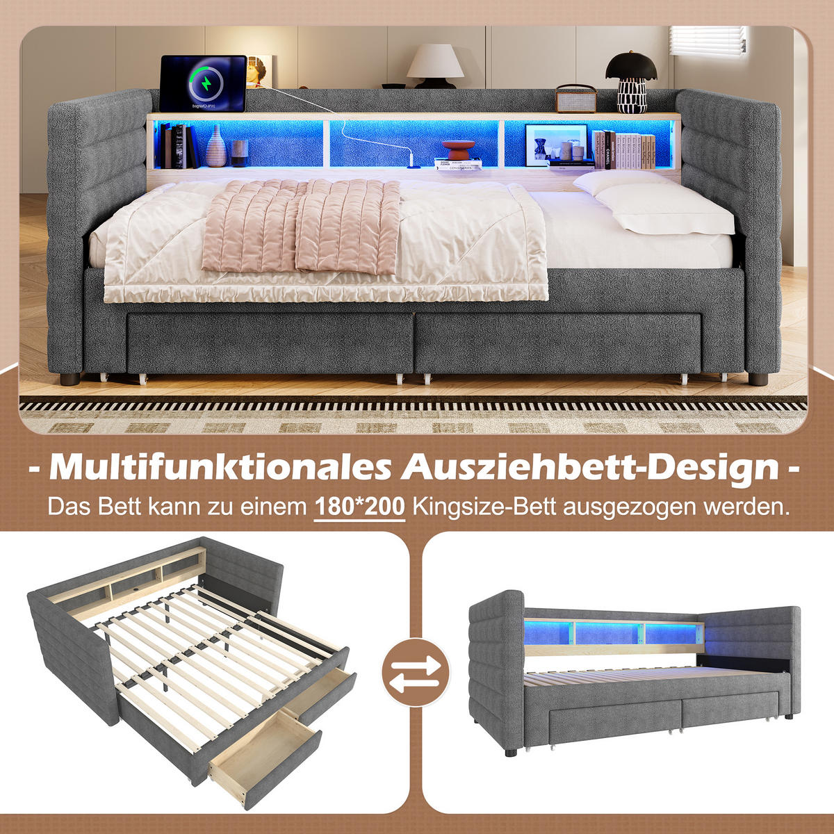 TAGEBETT 90x190cm Grau Samt Ausziehbett 2 Schubladen USB-C LED-Licht - Grau, Holz (90/190cm) - FLIEKS