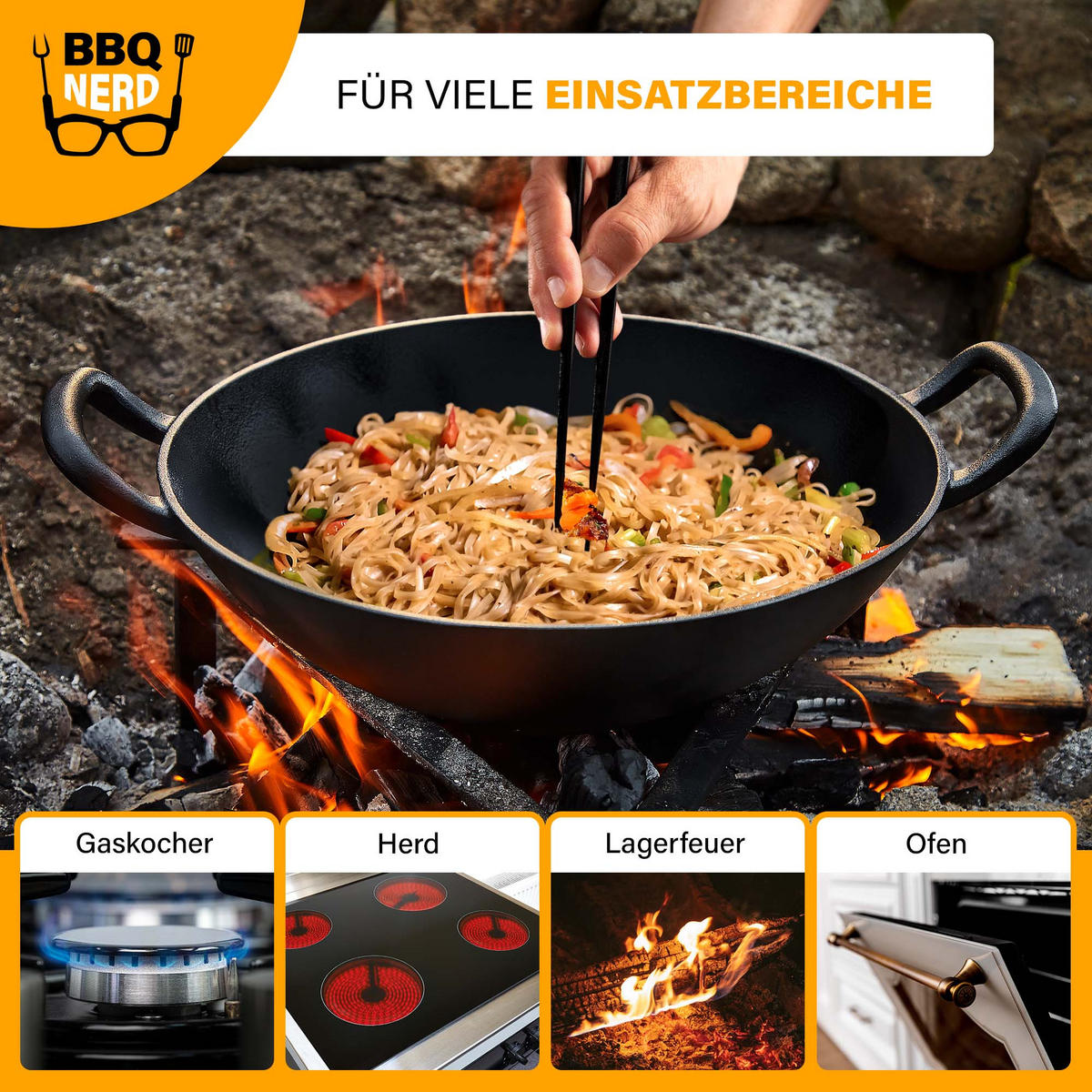 WOK Gusseisen Ø33,5cm WOKpfanne asiaische Gusspfanne - Schwarz, Metall (34/12/34cm) - BBQ Nerd