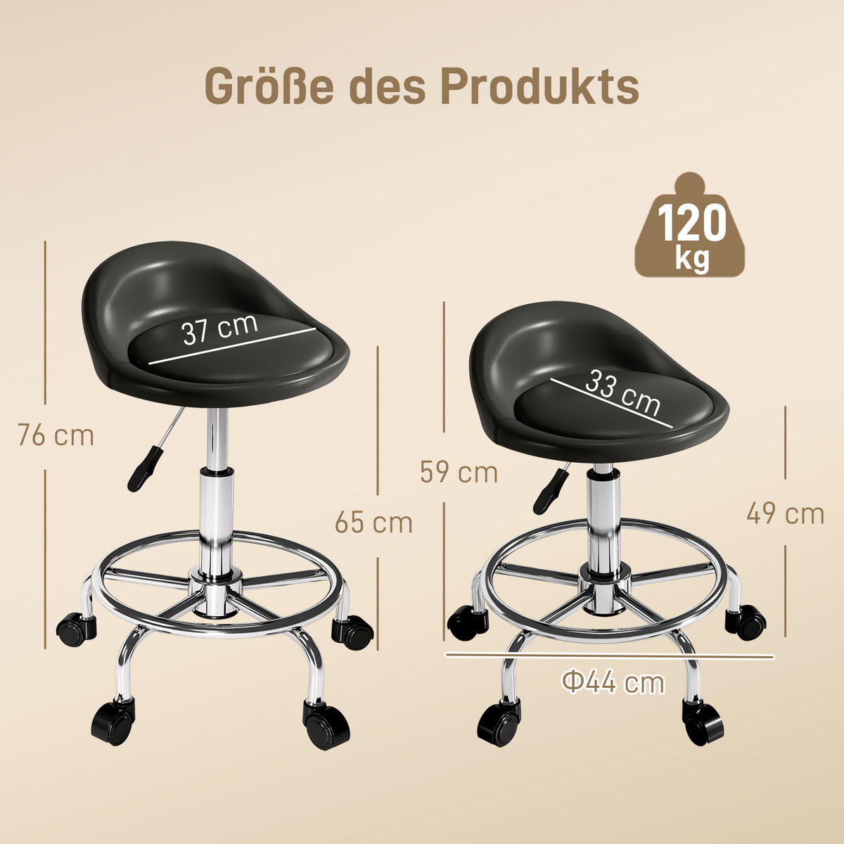 ROLLHOCKER höhenverstellbar mit Rückenlehne Drehhocker 59-75 cm Arbeitshocker - Schwarz, Kunststoff (43/75/43cm) - HOMCOM