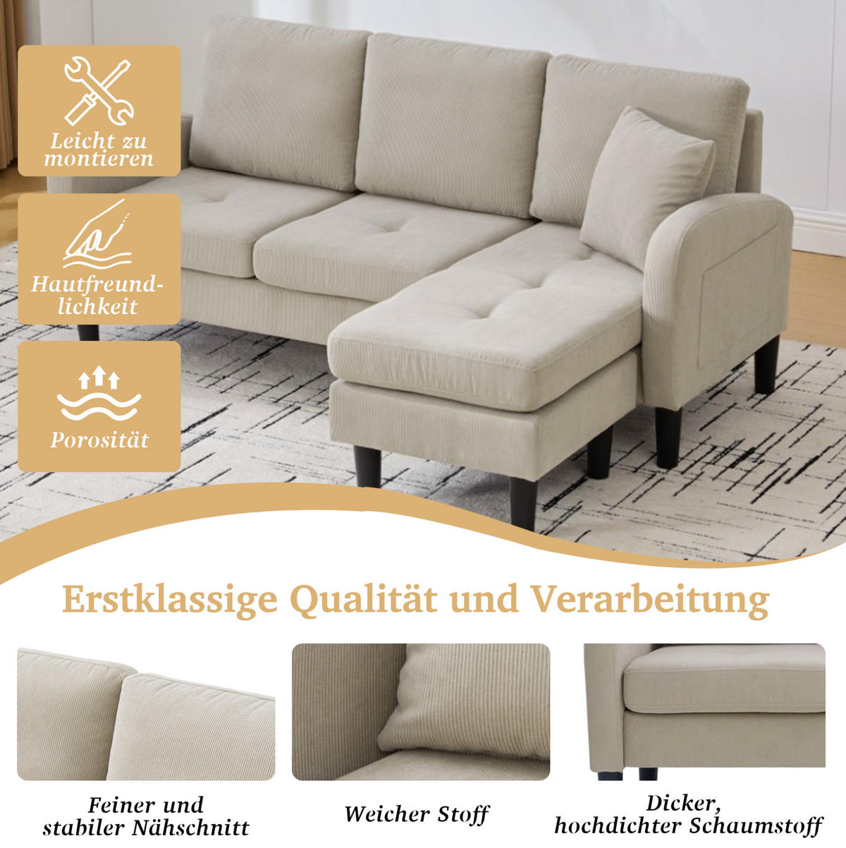 ECKSOFA 166/118/77 cm hellgrau aus Cord mit Chaiselongue - Graubraun, Kunststoff (118/166cm) - OKWISH