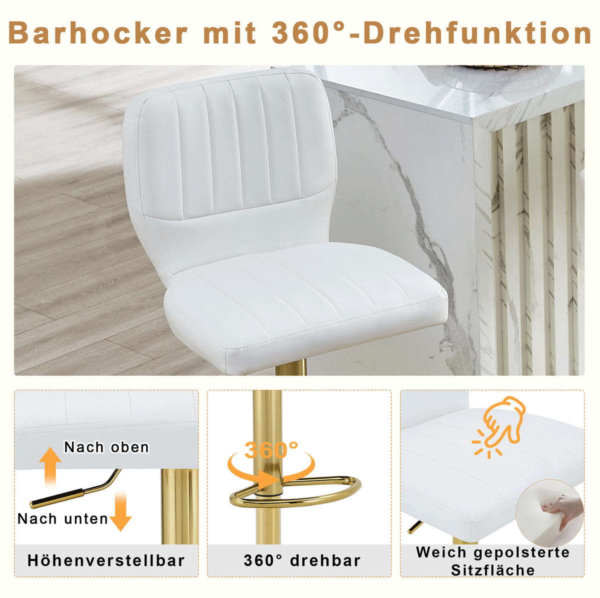 BARHOCKER höhenverstellbar 62-83 cm Weiß-Gold - Weiß, Metall (45/114/52cm) - Meubliv