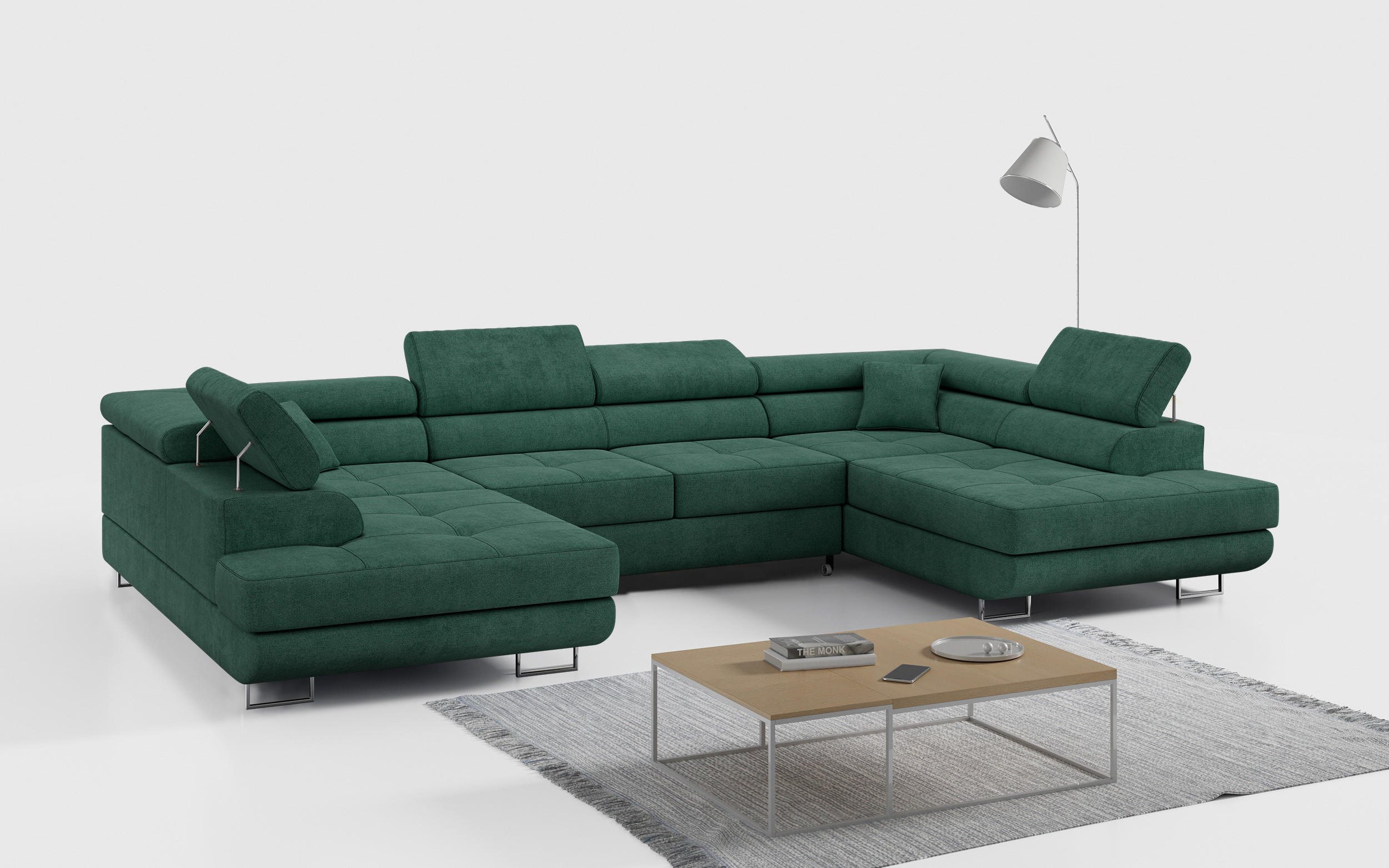 WOHNLANDSCHAFT GUSTAW U Grün Struktur - Silberfarben/Grün, Textil/Metall (340/55/205cm) - MKS