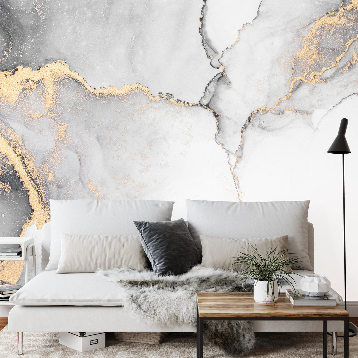 FOTOTAPETE Grauer Marmor Muster Abstraktion 300x210 - Beige/Schwarz, Papier (300/210cm) - Muralo