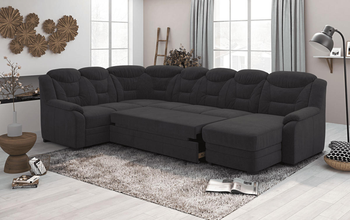 WOHNLANDSCHAFT mit Schlaffunktion und Bettkasten – weiches Chenille-Gewebe - Anthrazit/Schwarz, Holz/Kunststoff (330/99/211cm) - Cotta