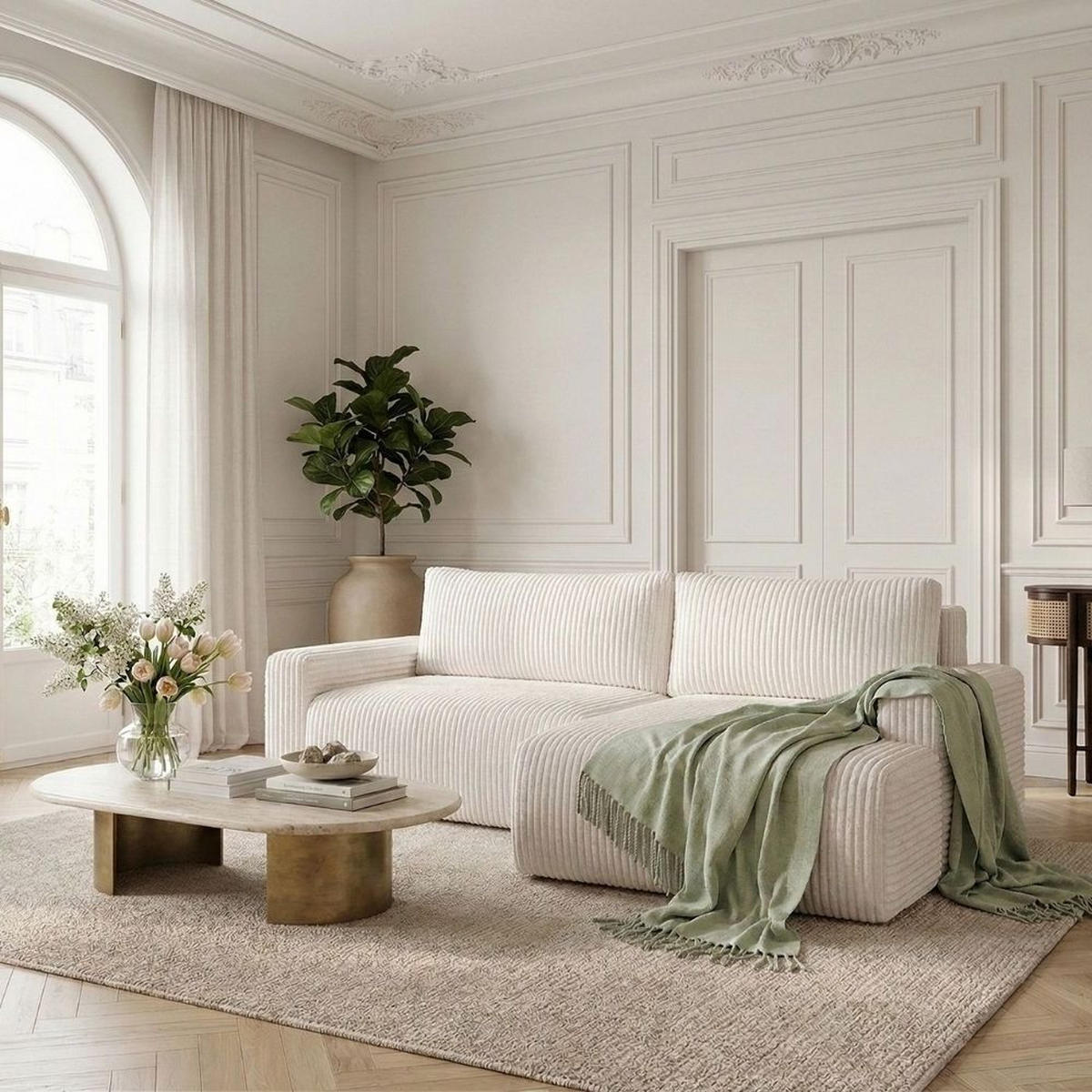 ECKSOFA MILO SMALL mit Schlaffunktion und Bettkasten, Rechts - TILIA 08 - Creme, Holz (240/142cm) - Dekori_Interiors