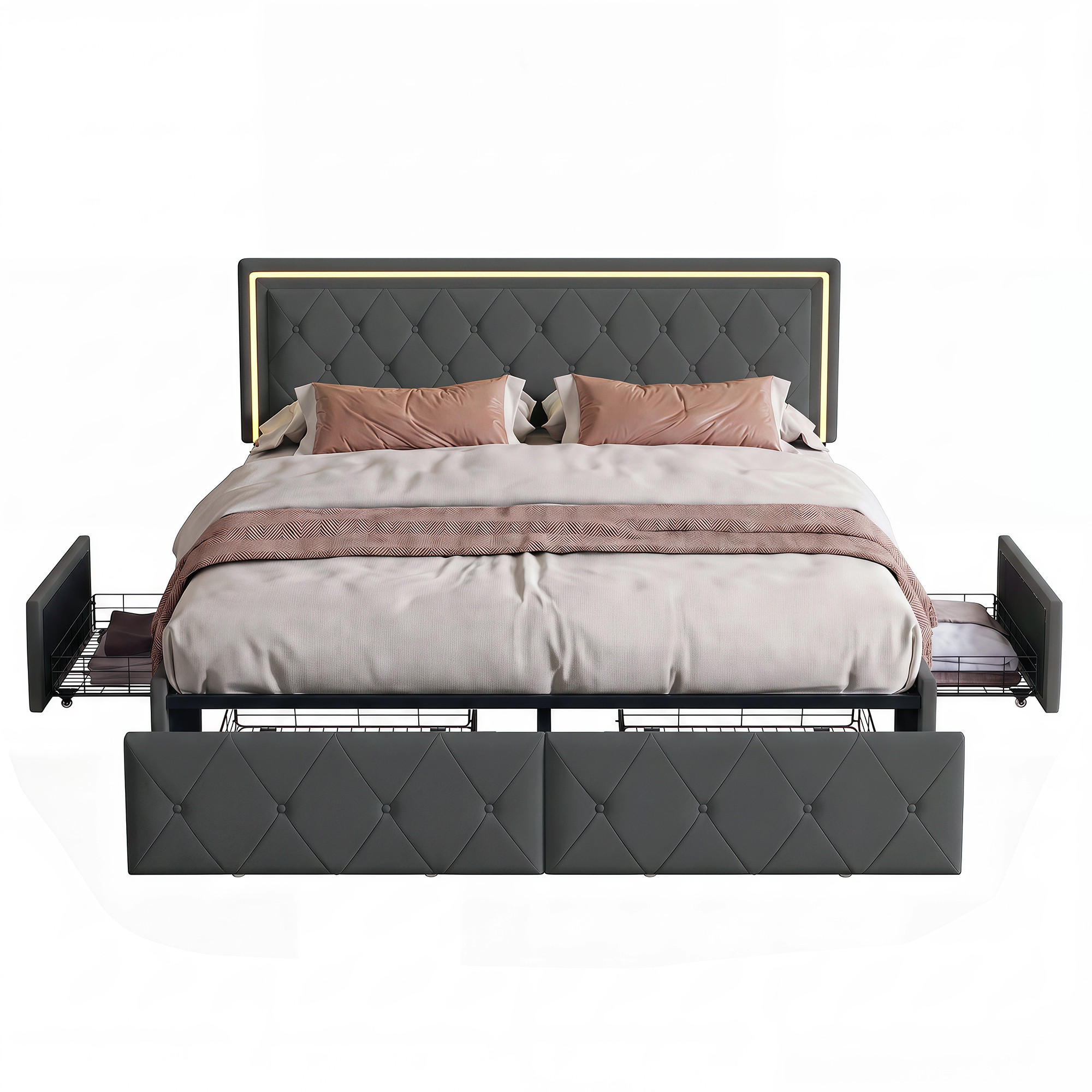 POLSTERBETT 160x200 mit LED und Stauraum, Lattenrost, doppelbett 160x200 mit 4 Schublade, höhenverstellbares Kopfteil, PU grau - Grau, Leder/Holz (160/200cm) - GENKI LIVING