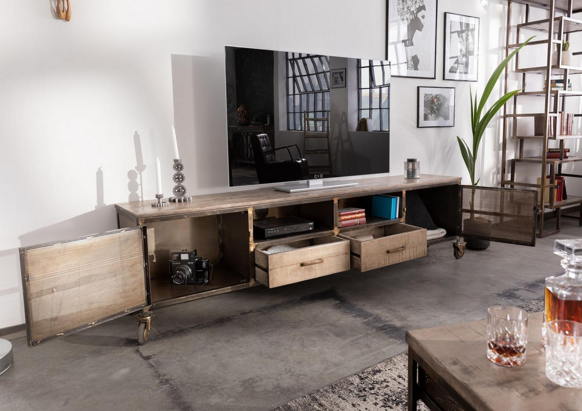 TV-BOARD Mango 220x40x60 braun lackeirt HEAVY INDUSTRY #232 - Braun, Holz (220/60/40cm) - Massivmoebel24