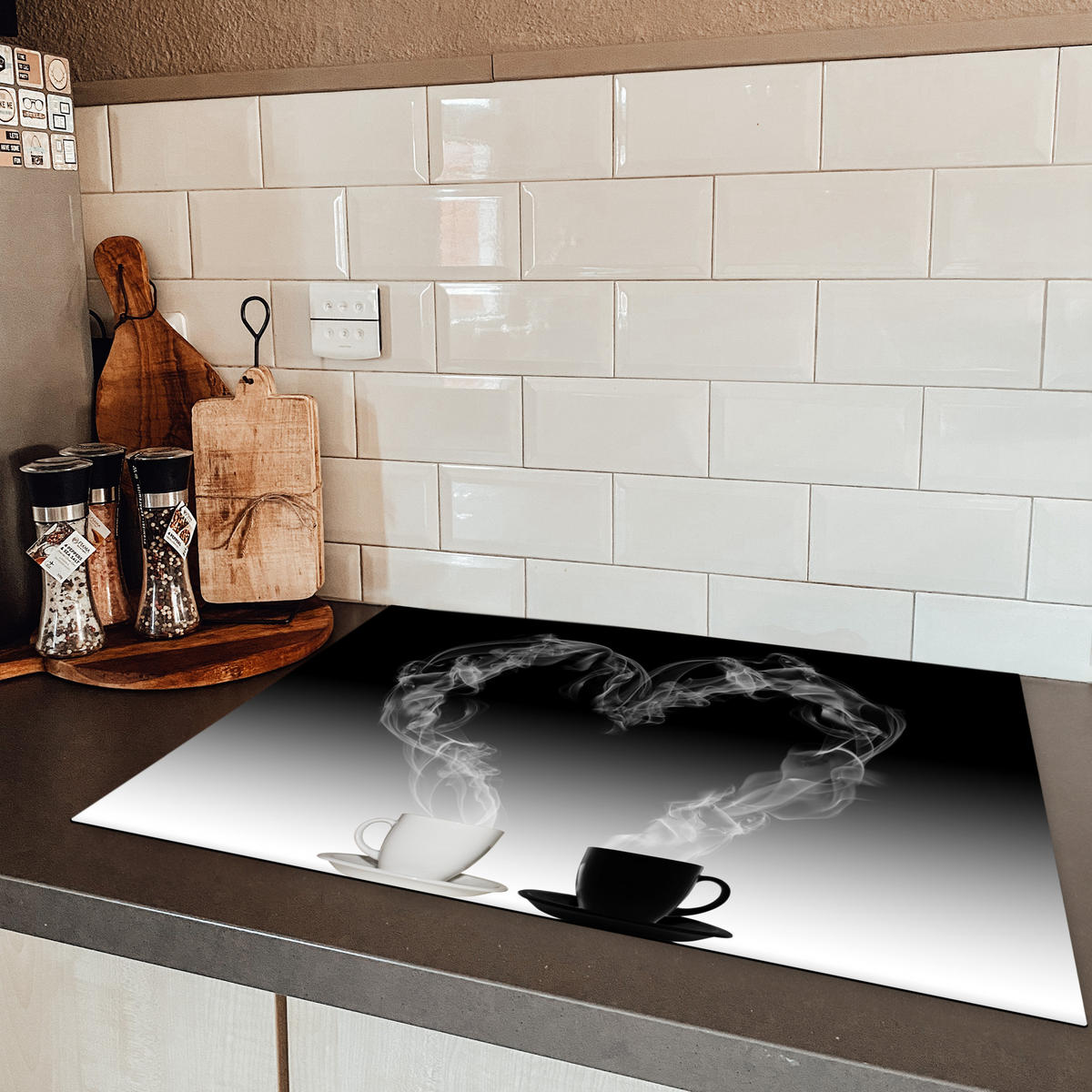 HERDABDECKPLATTE Kaffee - Herz - Schwarz und weiß - Tassen Herdabdeckung Induktionsfeld 75x52 cm - Weiß, Kunststoff (75/52/0.2cm) - MuchoWow