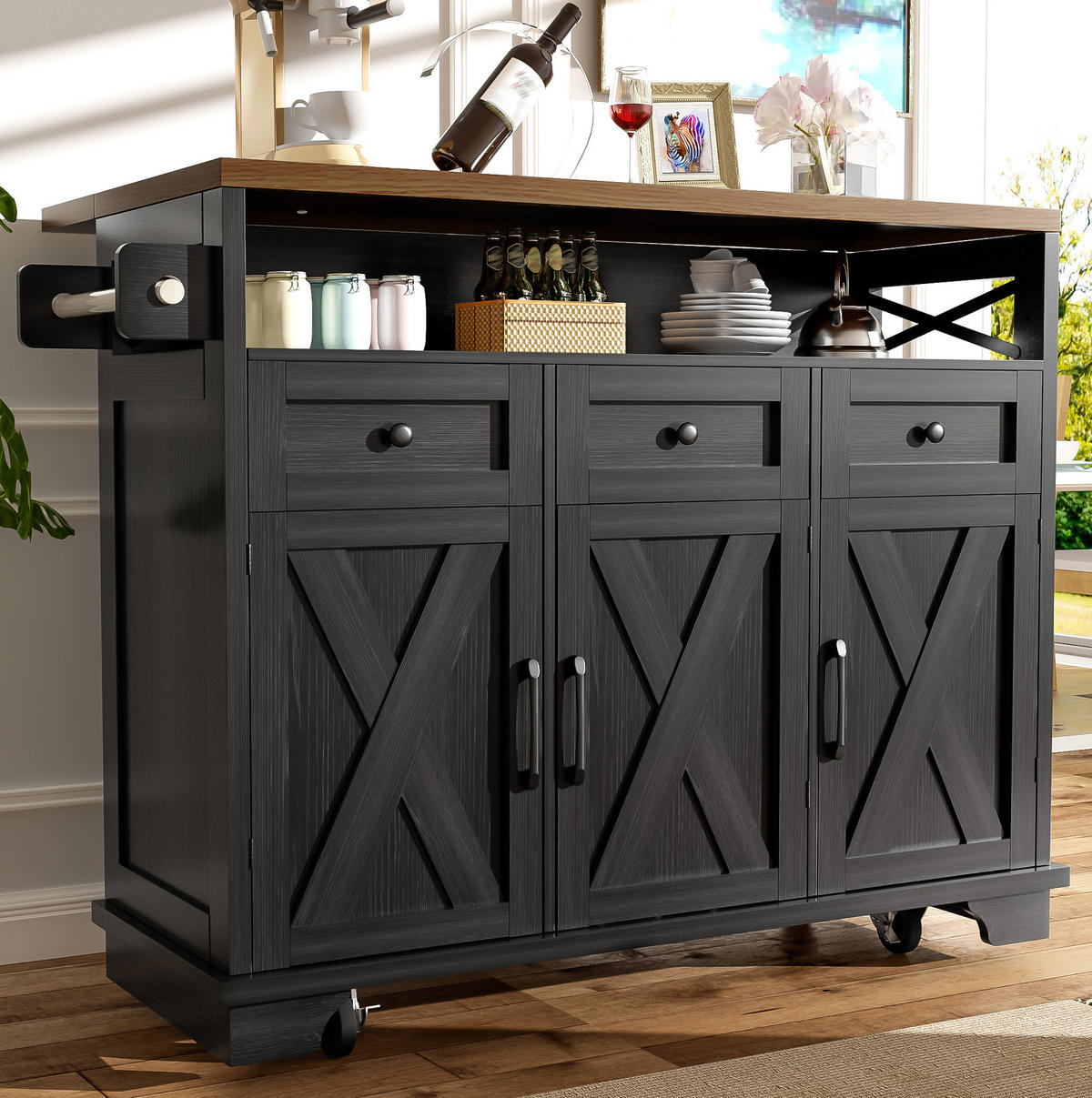 KÜCHENINSEL 118/43-80/98 cm Schwarz aus MDF und Metall mit klappbarer Tischplatte - Schwarz, Holzwerkstoff (43/98/118cm) - OKMYHOME