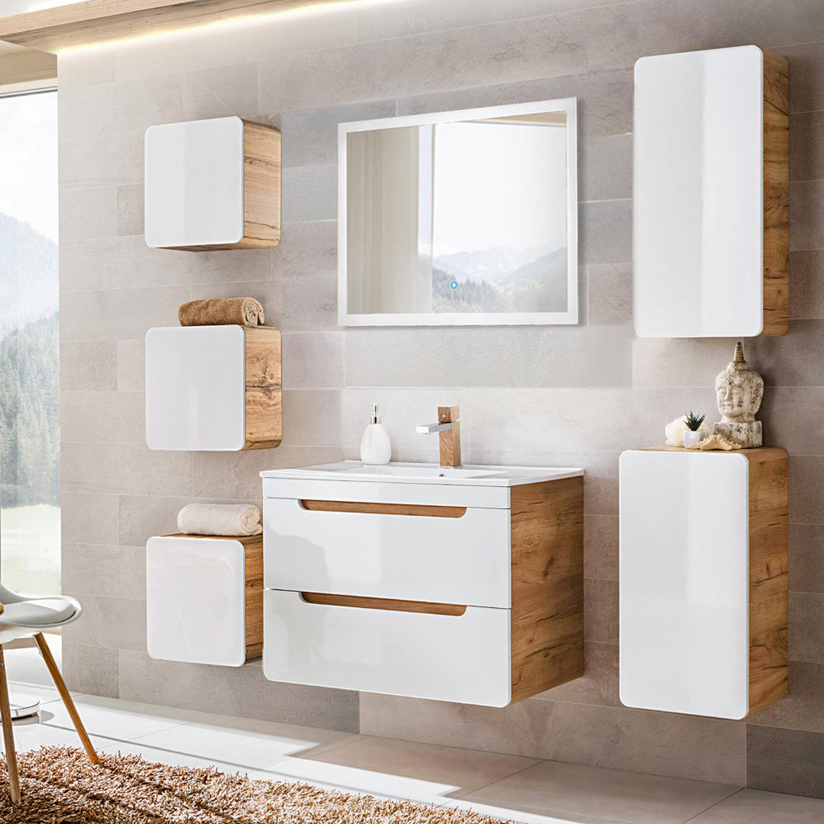 BADMÖBEL-SET 7-TLG. Luton-56 - Weiß, Holzwerkstoff (180/200/46cm) - Lomado