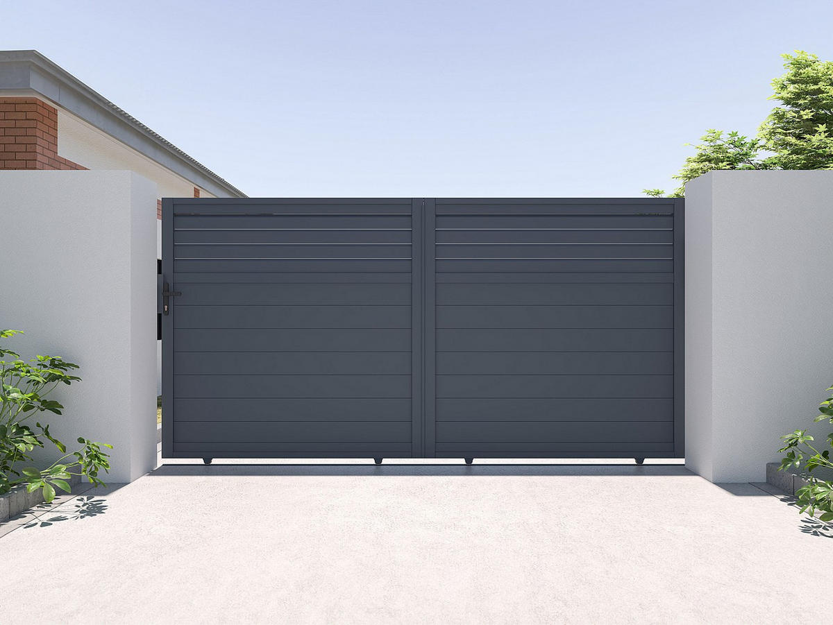 GARTENTOR Schiebetor mit Torantrieb - 374 x 180 cm - Aluminium - Anthrazit - VIAZO - Anthrazit, Metall (348/178cm) - Vente-Unique