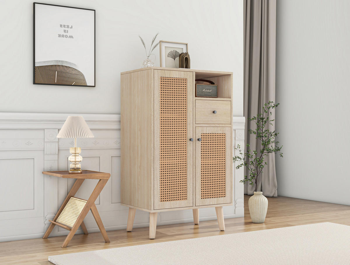 KOMMODE 60/40/101 cm in Eichefarben mit 2 Rattantüren und 1 Schublade - Eichefarben, Holzwerkstoff (60/101/40cm) - Flora Grace