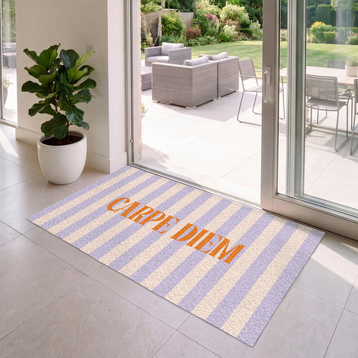 FUSSMATTE Lila – Orange – Streifen – Carpe Diem 150x90 cm - Flieder, Kunststoff (150/0.4cm) - MuchoWow