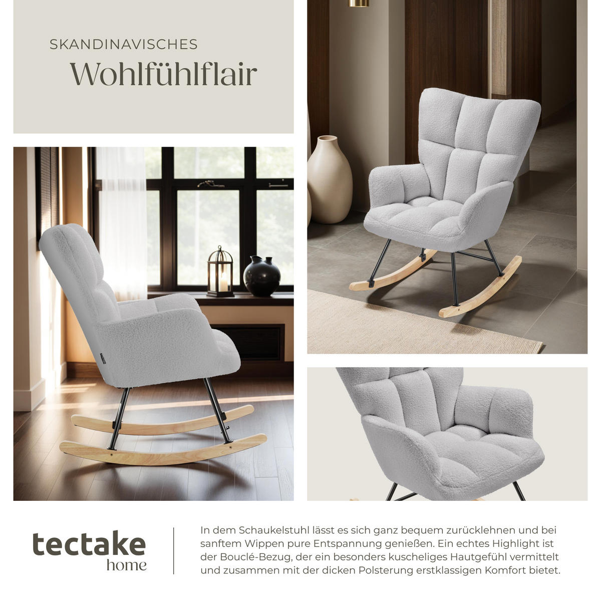 SCHAUKELSTUHL Torve,68 x 96 x 97 cm, Belastbarkeit 120 kg,Bouclé hellgrau - Hellgrau, Kunststoff (70/97/96cm) - tectake