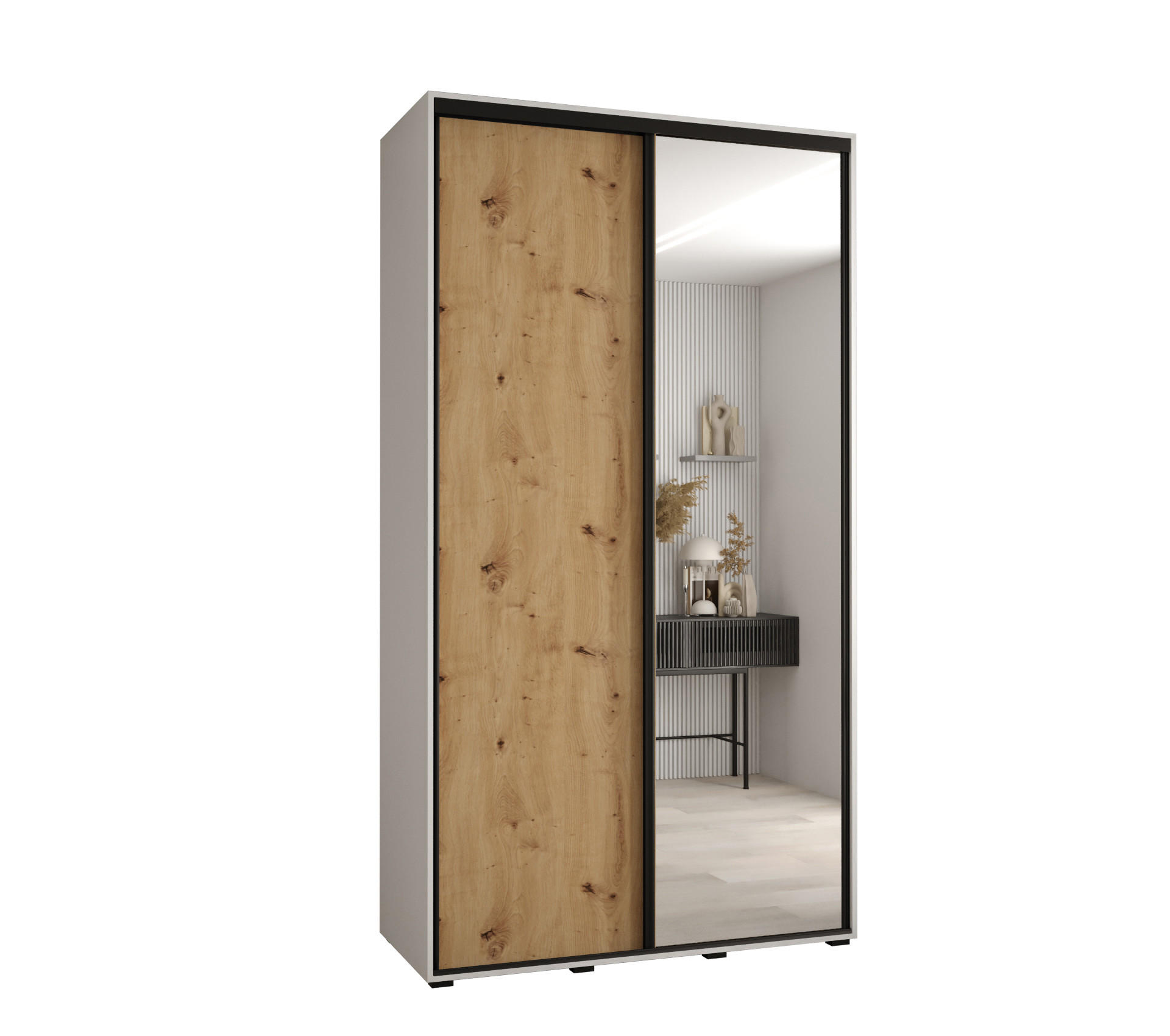 Abiks Möbel Schwebetürenschrank Weiß, Eiche Artisan, Schwarz 140x235x45 cm