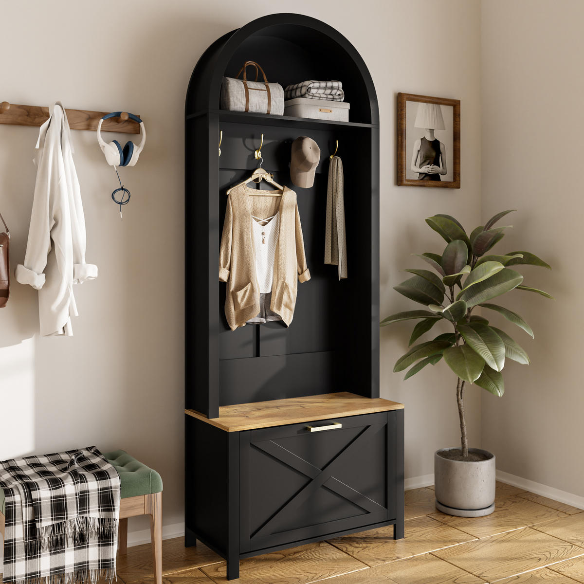 GARDEROBE Schuhregal Haken MDF - Schwarz, Holz (75/195/35cm) - LEBENLANG