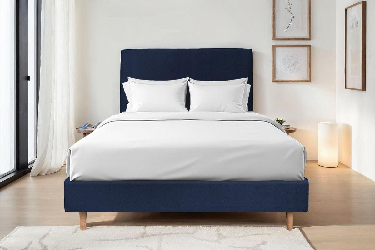 KOPFTEIL gepolstertes – ozeanblauer Samtstoff - 200 cm - Beige/Dunkelblau, Karton/Holz (200/120/10cm) - Sommeil de Plomb