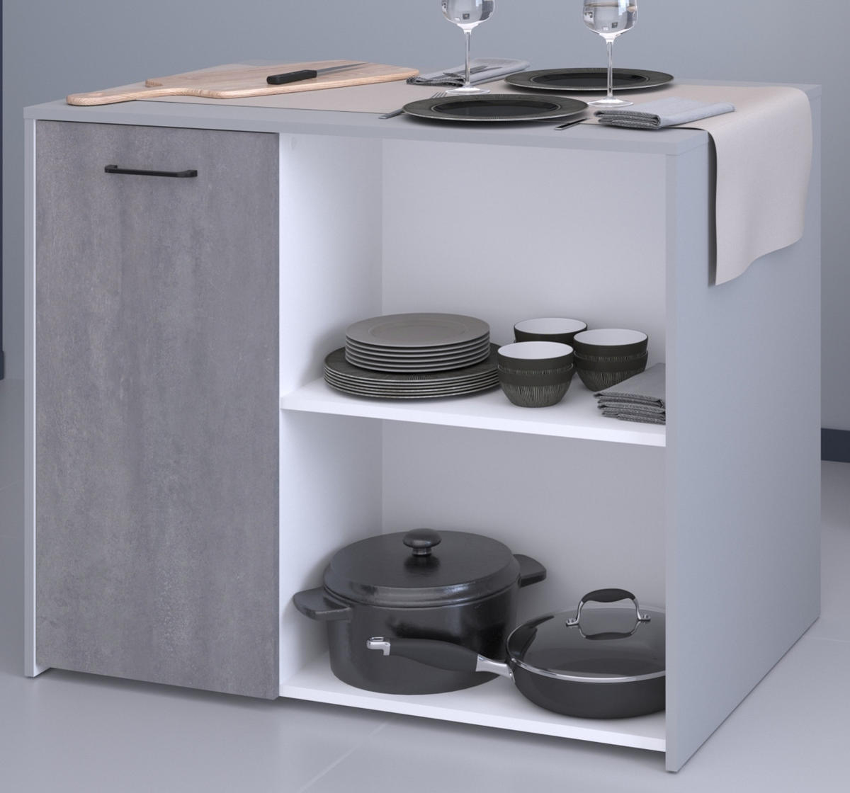 KÜCHENSCHRANK-SET 3-teilig Beton grau, weiß, Küche Buffet und Kücheninsel - Schwarz/Weiß, Holzwerkstoff/Kunststoff (120/180/65cm) - Parisot Meuble