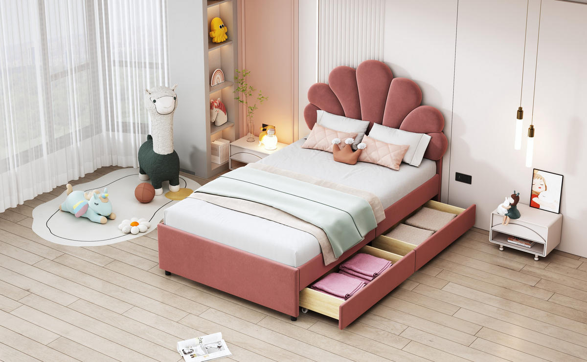 KINDERBETT 90x200 cm Samt rosa - Rosa, Textil (90/200cm) - LEBENLANG