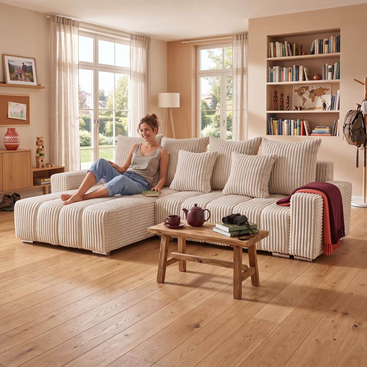 ECKSOFA PIANO L Links mit Schlaffunktion 137x234 Cord Creme - Silberfarben/Creme, Holz/Textil (278/178cm) - Muffo