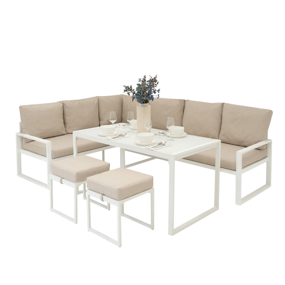 ECKSOFA-SET 5-teiliges Aluminium mit schwarzer Rattan-Aufbewahrungsbox - Weiß - Weiß, Metall